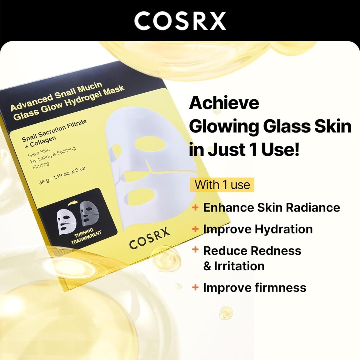 COSRX Advanced Snail Mucin Glass Glow Hydrogel Face Masks 3Pcs Health & Beauty oceanbuy beauty markham toronto free ship USA asian korean skincare